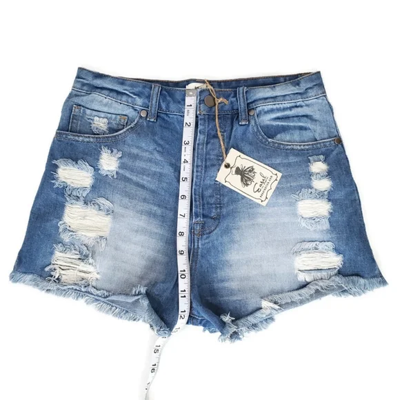 Easel Los Angeles Distressed Denim Shorts High Rise NWT Size Small Button Fly - Picture 6 of 11